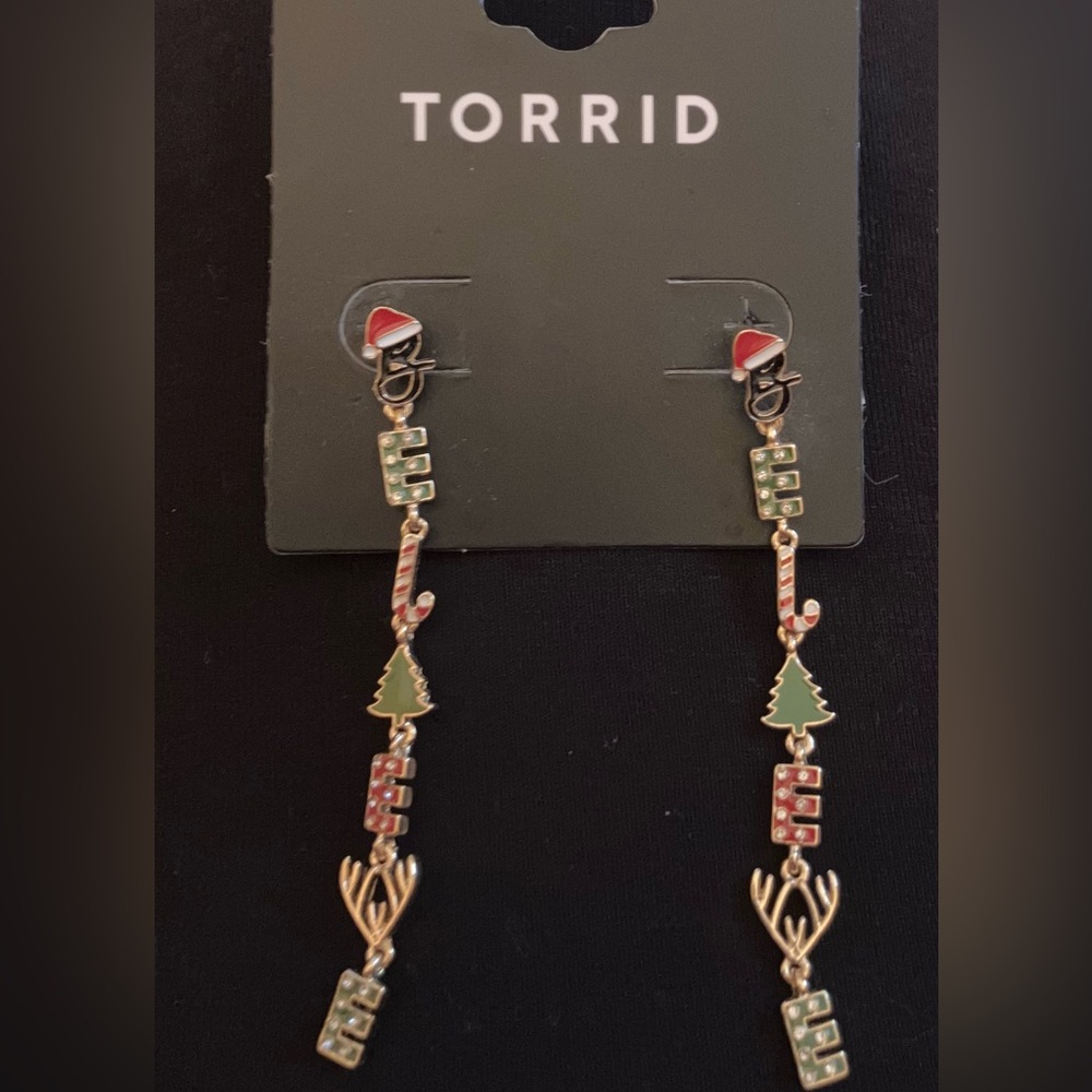 Christmas earrings, gold and multi colored dangle, BELIEVE, never worn